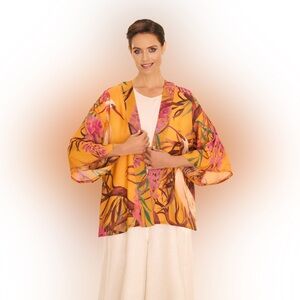 Powder Oriental Crane kimono jacket in ochre (orange/pink/purple) viscose-NEW